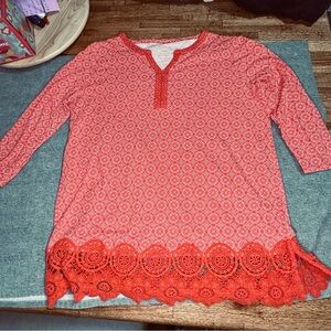 Lands' End Red Patterned Blouse with Lace Hem